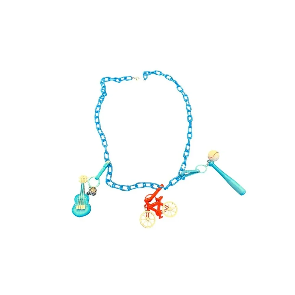 Vintage 80s Plastic Clip On Bell Charm Necklace 3 Charms Blue Chain‎ READ